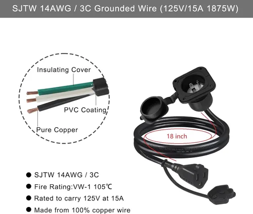 Miniatura 5 de Enchufe de puerto de CA de 15 A, enchufe de entrada de alimentación de 125 V con cable de extensión de 18 pulgadas, enchufe NEMA 5-15 con brida