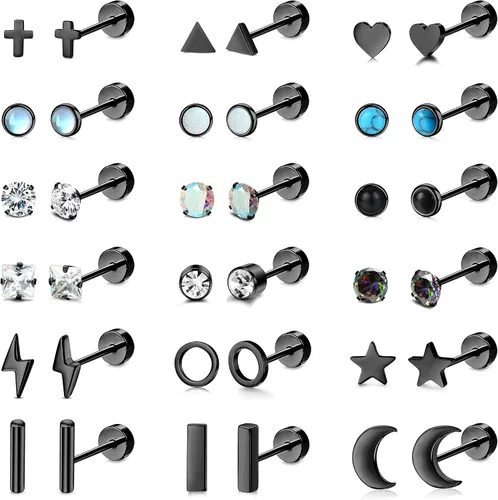 TEN MIRO Juego de 18 pares de aretes pequeños para cartílago para mujeres y hombres, acero inoxidable 316L, 20G, cartílago, hélix, luna, estrella,