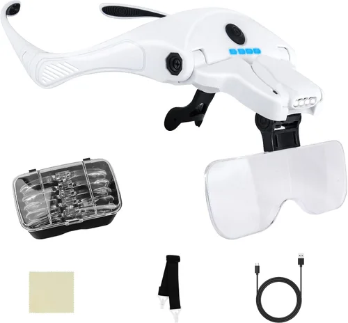 Miniatura 10 de Lupa para diadema con 4 luces LED, lupa de cabeza recargable con 5 lentes desmontables 1.0X, 1.5X, 2.0X, 2.5X 3.5X - Lupa iluminada manos libres
