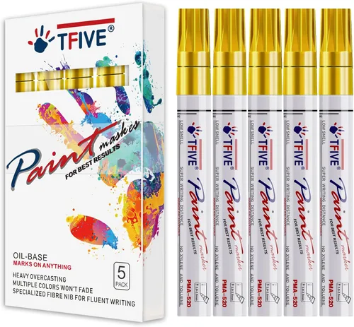 TFIVE Rotuladores de pintura dorados, paquete de 5 rotuladores permanentes a base de aceite, punta media, impermeables y de secado rápido, para