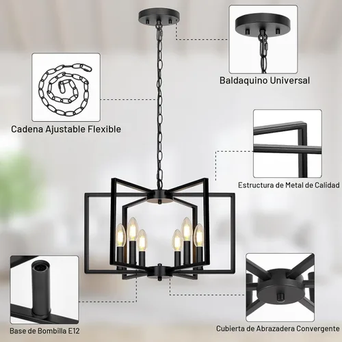 Miniatura 5 de Candelabro negro de granja, lámpara geométrica de 6 luces para comedor, moderna lámpara de techo industrial de metal, luces colgantes rústicas