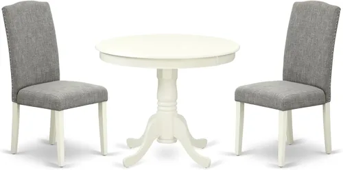 East West Furniture ANEN3-LWH-06 - Juego de mesa de cocina de 3 piezas contiene una mesa de comedor redonda con pedestal y 2 sillas de comedor