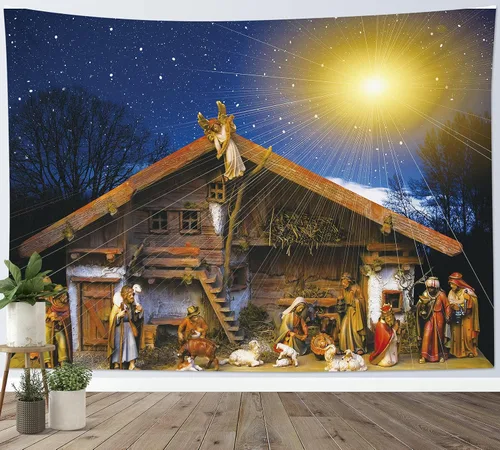 Miniatura 7 de HVEST Tapiz de cielo estrellado de Jesús, tapiz de belén, Jesucristo, nacido en el pesebre, para colgar en la pared, creyentes cristianos, hombres