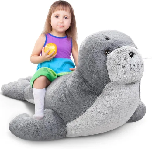 Miniatura 8 de Poen Peluche de foca gigante de 39 pulgadas, grande, grande, suave, tierno, color gris, adorable almohada grande, regalo para niños, compañero