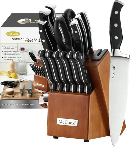 McCook® Juegos de cuchillos, juego de cuchillos de cocina alemanes de acero inoxidable con afilador incorporado y bloque de madera Negro/Nuez