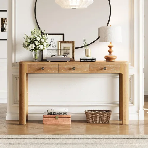 Miniatura 14 de 50" Modern Art Sculptural Console Table, Oval Cutout Legs, Wood Veneer, Thick Rounded Tabletop, Contemporary Entryway Sofa Table for Living Room