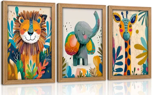 Miniatura 10 de 3 piezas de lienzo de animales de safari para guardería, arte de pared, lindo elefante acuarela, jirafa, león, decoración de pared, coloridos Póster