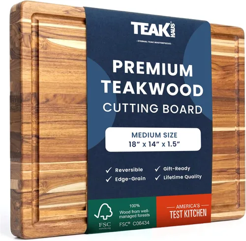 Miniatura 11 de Teak tabla para cortar rectangular con agarre y ranura para líquidos (24 x 18 x 1.5 pulgadas) - De Teakhaus. Solo tabla de cortar