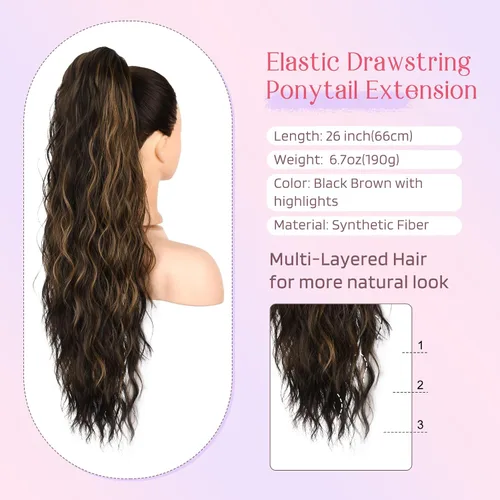 Miniatura 2 de HOOJIH Extensión de cola de caballo, extensiones de cabello con cordón para cola de caballo de 26 pulgadas de largo, pelo rizado y ondulado natural
