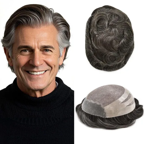 Miniatura 16 de LYRICAL HAIR Sistema de cabello humano Toupee de repuesto para hombre, monofilamento para hombre, postizo de polietileno PU, unidad de cabello