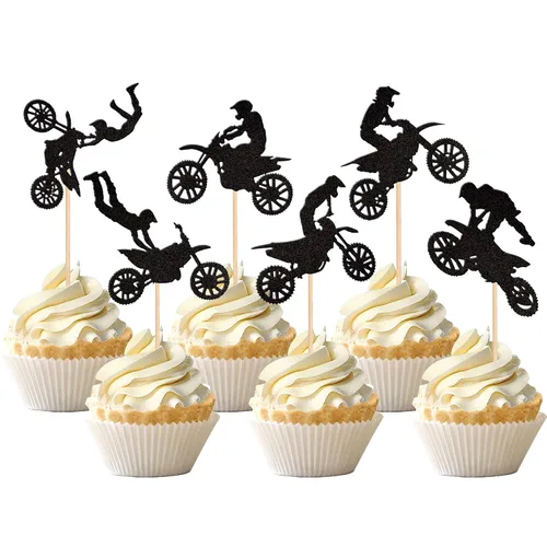 Miniatura 8 de 24 piezas de adornos para magdalenas de motocicleta, con purpurina negra, motocross, fiesta de motocross, para deportes, tema de motocross