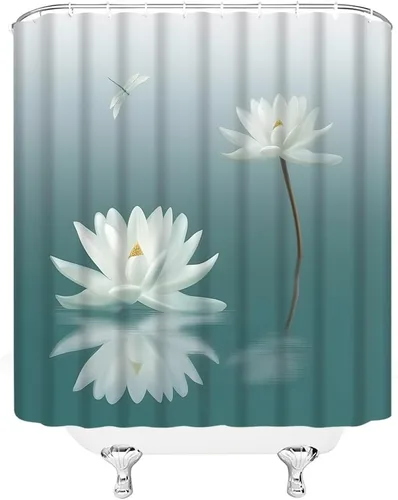 Miniatura 3 de Cortina de ducha de loto blanco, libélula verde azulado, azul, lirio de agua, floral, estilo japonés, relajante, naturaleza, decoración de baño