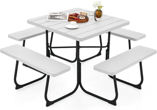 Miniatura 15 de Giantex Juego de mesa de picnic para 8 personas, mesa y banco al aire libre con agujero para paraguas, parte superior de polietileno de alta Verde