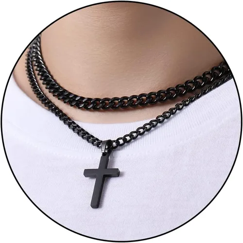 Collar de cruz de acero inoxidable en capas para hombres y niños, dije de cruz de cadena de eslabones cubanos, regalos de joyería religiosa