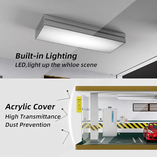 Miniatura 2 de Vitrina de garaje de coche fundido a presión a escala 1:24 con cubierta acrílica transparente e iluminación LED para 3 espacios de estacionamiento