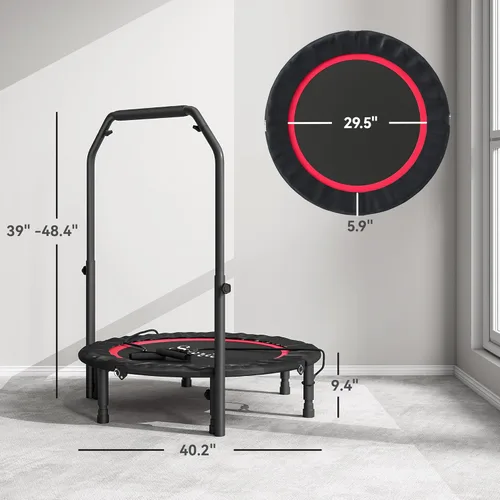 Miniatura 7 de Soozier Trampolín Rebounder para adultos, mini trampolín plegable con barra de mango ajustable, silencioso y seguro Bungee Rebounder Saltar Rojo