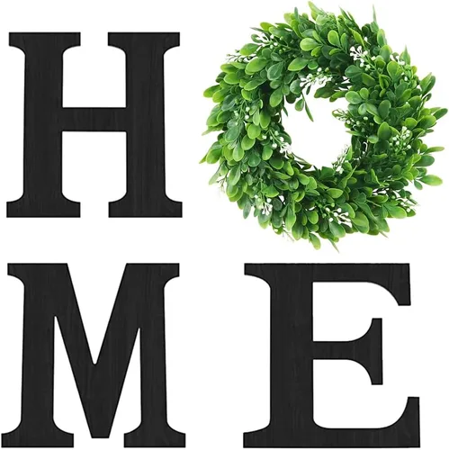 Miniatura 9 de Cartel colgante de madera con letras en inglés «HOME» (Hogar) con corona de eucalipto artificial para la letra «O», decoración de pared estilo Negro