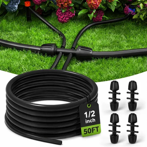 Bonviee Tubo de riego de 1/2 pulgada con 4 paquetes de conectores de 6 vías, tubo de riego por goteo de 50 pies ideal para sistema de riego de