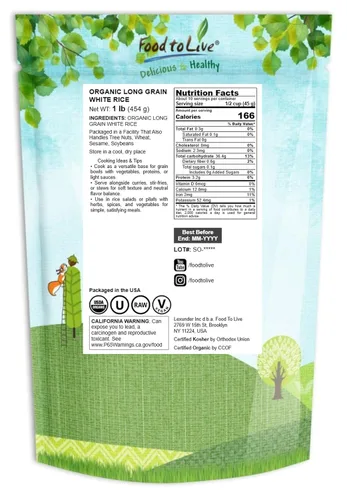 Miniatura 2 de Arroz blanco orgánico de grano largo, 1 libra, sin OMG, vegano, kosher, a granel. Fácil de cocinar. Se mantiene separado y esponjoso. Bajo en grasa.