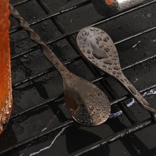 Miniatura 4 de AnSaw - Cuchara de cóctel de acero inoxidable de 10 pulgadas con mango de hoja, negra - Perfecta para mezclar y estratificar bebidas en vasos altos