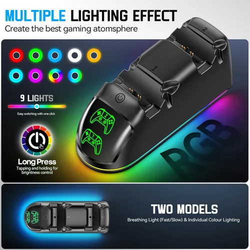 Miniatura 2 de Rysker Cargador de Controlador para PS5, Estación de Carga Dual para PlayStation 5 Dualsense y Edge con Luz RGB, Estación de Carga Rápida de Negro