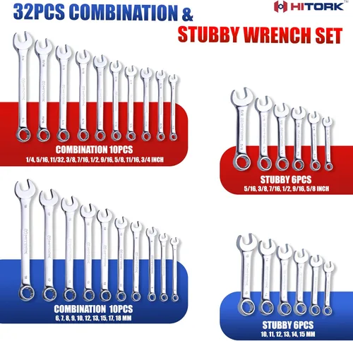 Miniatura 2 de HITORK Juego de 32 llaves SAE y métricas 20 estándar y 12 llaves combinadas cortas Cr-V de acero con acabado de espejo de 12 puntas, desfase de 15°