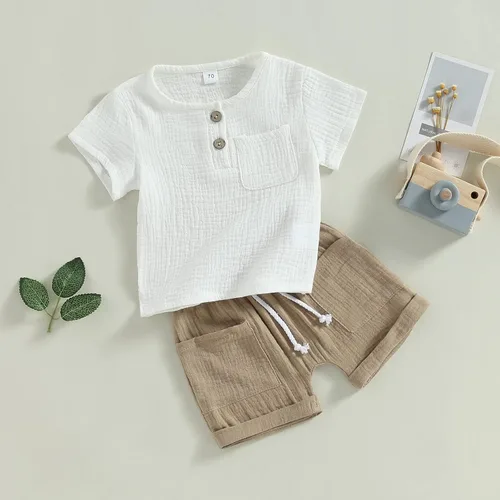 Miniatura 14 de fhutpw Conjunto de 2 piezas de ropa de verano para bebés, camiseta de manga corta, cintura elástica, pantalones cortos para niños pequeños