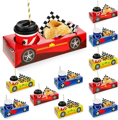 Lincia 12 cajas de comida para fiestas de autos de carreras, suministros para fiestas de cumpleaños, bandejas de alimentos con cajas de aperitivos y
