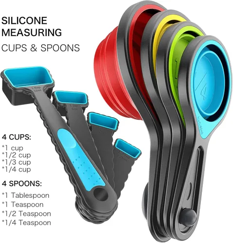 Miniatura 4 de Kaptron Juego de cucharas y tazas medidoras plegables de 8 piezas, varios tamaños, multicolor