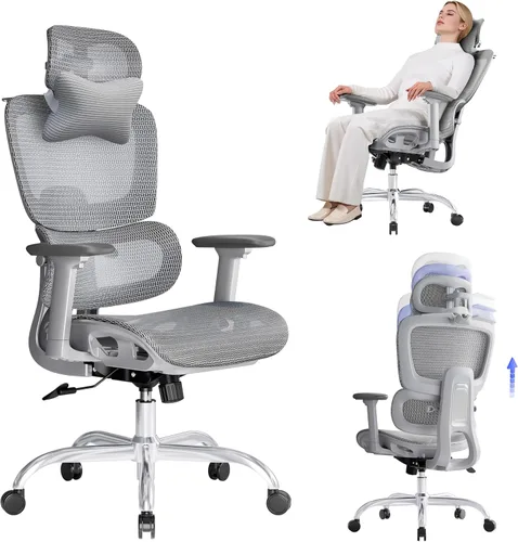 Miniatura 14 de Silla de oficina con reposapiés, silla ergonómica con almohada para el cuello y ruedas de goma, silla de computadora con respaldo ajustable y Negro