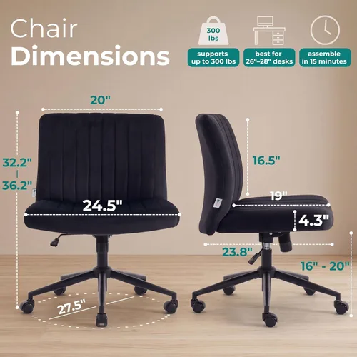 Miniatura 2 de NYPOT Silla de escritorio sin brazos con ruedas para sentarse cruzado - Silla sin brazos amplia para piernas cruzadas - Taburete de tocador Negro