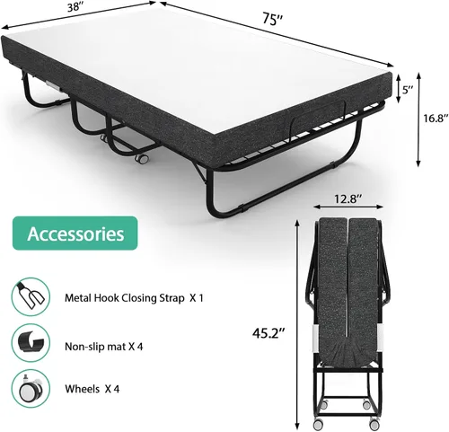 Miniatura 3 de Cama plegable con colchón de 75 x 38 pulgadas, cama plegable adicional con colchón de espuma viscoelástica de 5 pulgadas y marco súper resistente
