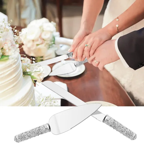 Miniatura 6 de Juego de cuchillo y servidor de plata para boda, juego de 2 piezas de postre con mango de metal con piedras de cristal para decoración de bodas