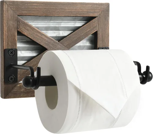 Soporte de papel higiénico de granja con metal galvanizado y metal negro, soporte rústico de pared de madera marrón cálida para decoración de baño