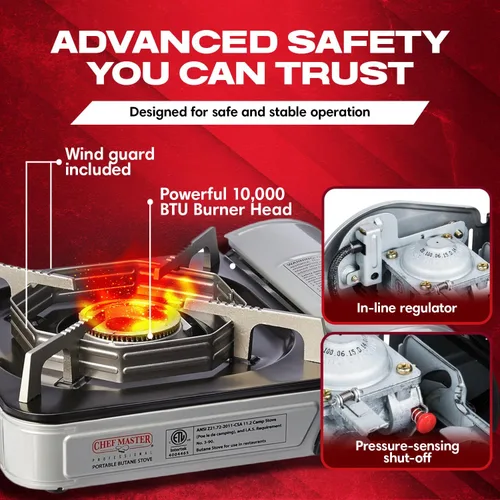Miniatura 3 de Chef-Master 90011 Estufa de butano para encimera, portátil de 10 000 BTU con funda de transporte, alto rendimiento, encendido piezoeléctrico