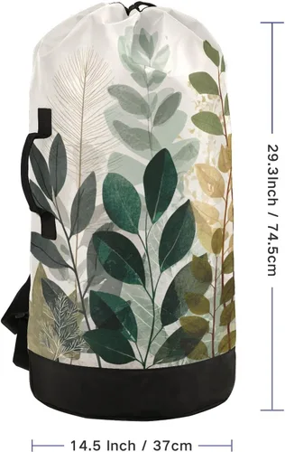 Miniatura 2 de Mochila de lavandería con hojas de estilo bohemio beige con correas ajustables para el hombro, bolsa de lavandería sucia para viajes, campamento