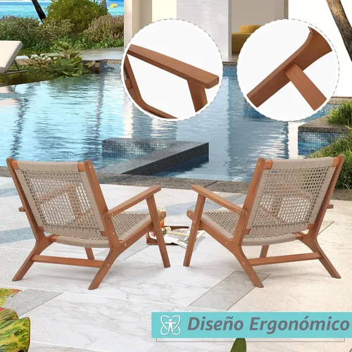 Miniatura 5 de Verano Garden Juego de 2 sillas de patio, sillón moderno de madera de acacia con cuerda tejida a mano para patio, sala de estar, dormitorio, balcón