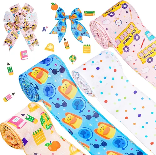 4 rollos de cinta escolar de 20 yardas de cinta con borde con alambre para envolver regalos, decoración de fiestas, manualidades, envoltura de lazo