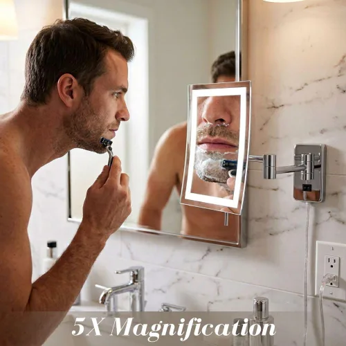 Miniatura 4 de JERDON Espejo de maquillaje rectangular para montaje en pared con aumento 5X, espejo de maquillaje iluminado con cable de alimentación de 6 pies