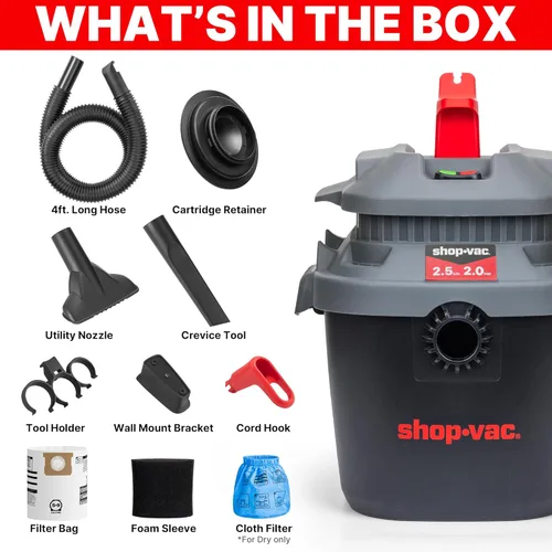 Miniatura 8 de Shop-Vac 2.5 galones 2.0 HP máximo húmedo seco aspiradora con soplador, Shopvac portátil de montaje en pared con cable de 10 pies, manguera de 1.25