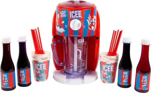 ICEE Slushie Snow Cono Machine Bundle. Auténtica máquina de afeitar de hielo ICEE para encimera casera, paquete de 4 jarabes ICEE y 20 vasos de