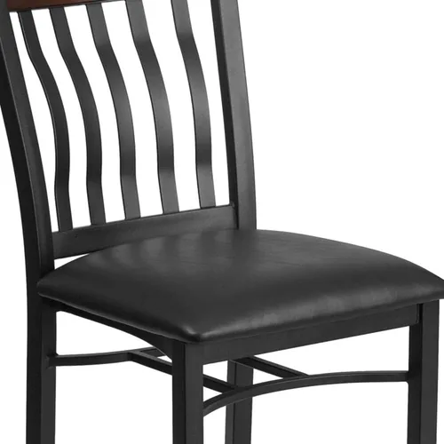 Miniatura 7 de Flash Furniture Eclipse Series Silla de restaurante con respaldo vertical de metal negro y madera de nogal con asiento de vinilo negro
