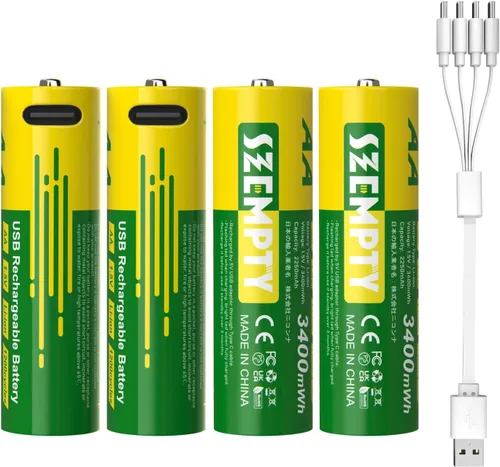 Miniatura 9 de Paquete combinado de baterías recargables AA y AAA, 1.5 V USB-C de litio doble A 3400 mWh y triple A de 900 mWh con cable 4 en 1 de carga rápida
