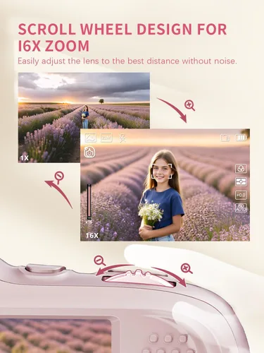 Miniatura 6 de Cámara digital True 64MP 4K - Zoom 16X de enfoque automático, con modo belleza y macro, tarjeta TF de 32GB, cámaras de videoblogs compactas y Rosa