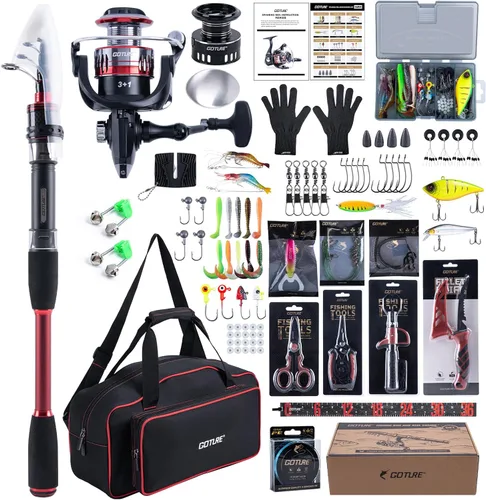 Miniatura 21 de Goture Combo de caña de pescar y carrete, caña de pescar telescópica roja con kit de inicio completo y bolsa de transporte, caña giratoria de viaje