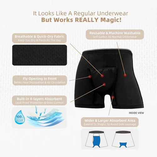 Miniatura 14 de Ropa interior lavable para incontinencia para hombre, calzoncillos bóxer de algodón, 3.4 fl oz de absorción, ropa interior a prueba de fugas