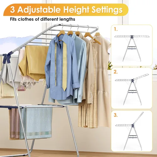 Miniatura 5 de KINGBOARD Tendedero de secado de ropa, con altura ajustable, ala de gaviota plegable para un fácil almacenamiento, sin montaje, uso en interiores