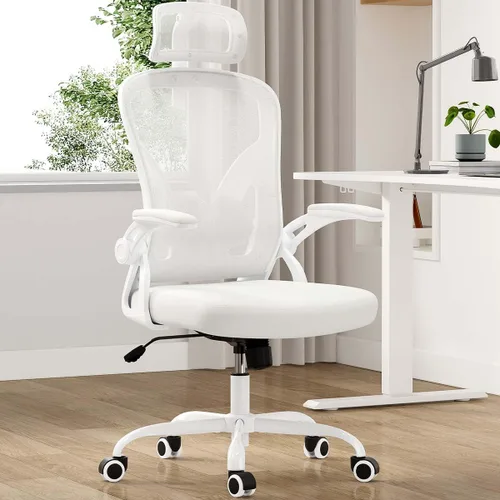 Miniatura 3 de Silla de oficina ergonómica con soporte lumbar ajustable y reposacabezas, silla de escritorio de malla de respaldo alto con reposabrazos abatibles