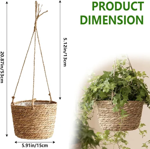 Miniatura 2 de Maceta colgante de yute tejido de calibre pequeño de 8 pulgadas, cesta para plantas de pastos marinos, soporte decorativo para plantas, ideal