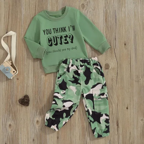 Miniatura 28 de Mandizy Conjunto de ropa de otoño para bebé niña pequeña, sudadera de manga larga con estampado de letras bendecidas, pantalones de camuflaje